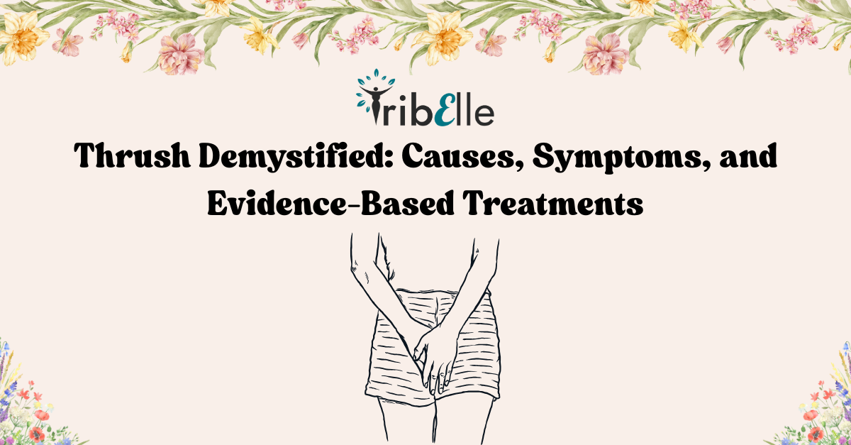 Delicate line illustration of a woman’s lower body with legs crossed, modestly covering the intimate area and framed by a floral border, symbolizing feminine health and self-care.