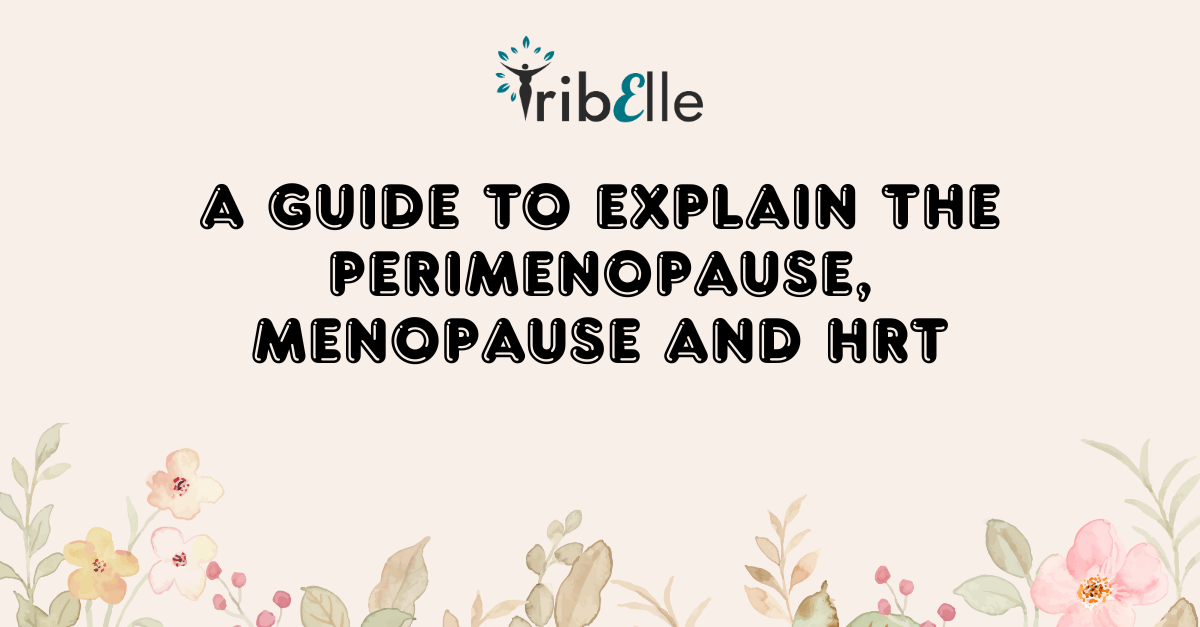 Perimenopause menopause and HRT guide blog header - TribElle women's health - soft floral illustration with botanical flowers and leaves showing complete guide to perimenopause and HRT