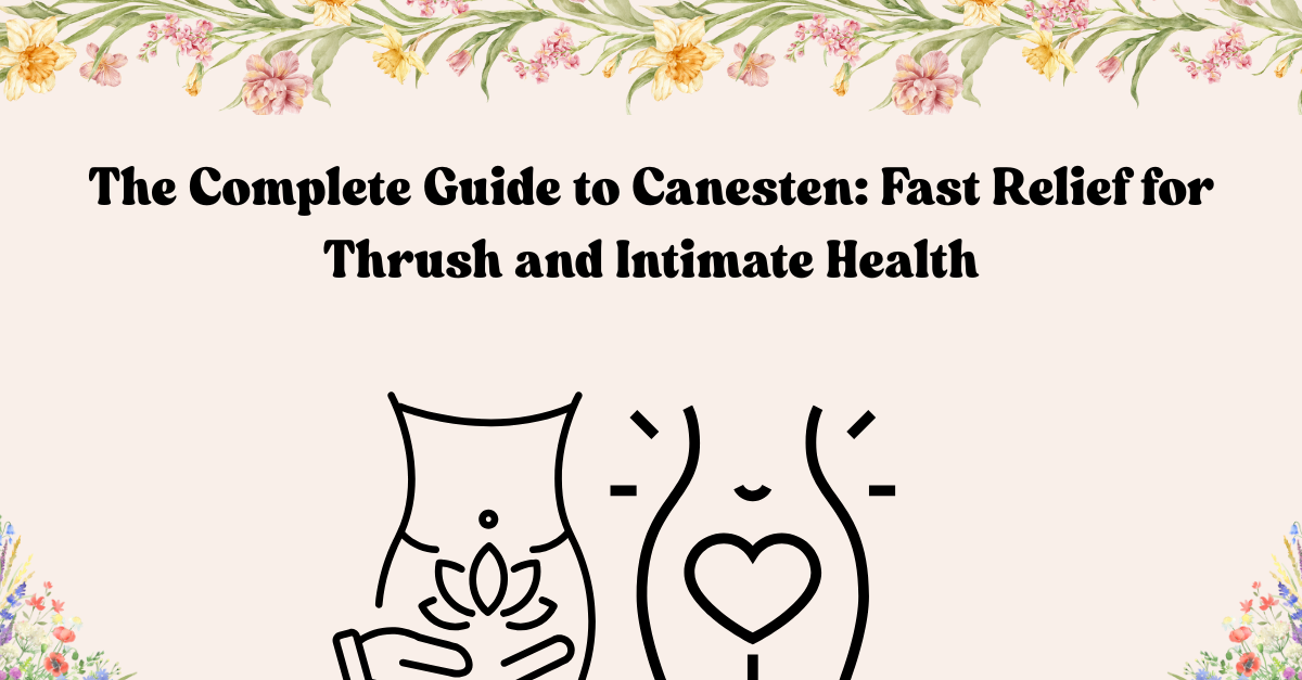 Banner graphic for TribElle blog: The Complete Guide to Canesten: Fast Relief for Thrush and Intimate Health. Minimalist line art of female body outlines with floral borders, symbolising intimate wellness and feminine care.