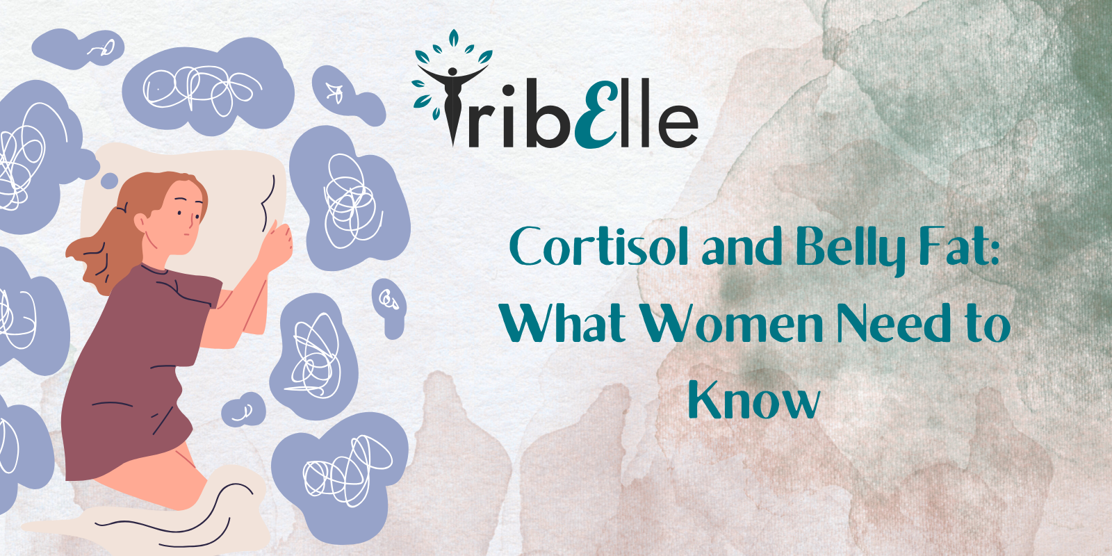 Woman lying awake at night surrounded by stress thoughts - TribElle guide to cortisol and belly fat in women