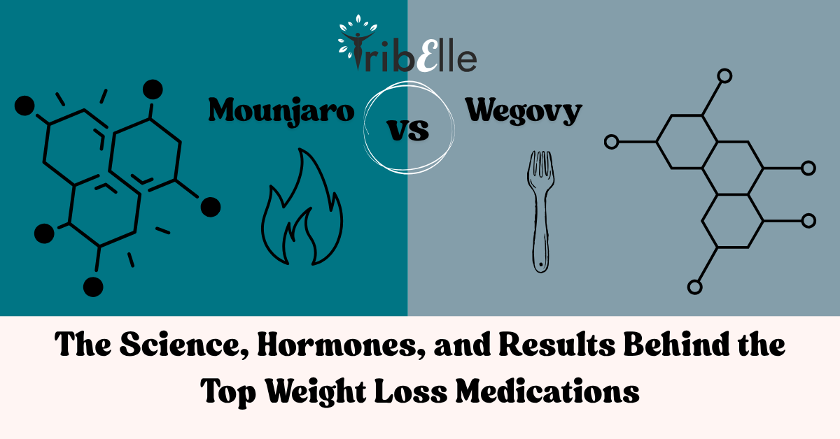 Mounjaro vs Wegovy comparison graphic with split teal and grey background, molecular icons, flame and fork symbols, and bold title &lsquo;The Science, Hormones, and Results Behind the Top Weight Loss Medications&rsquo; with TribElle branding.