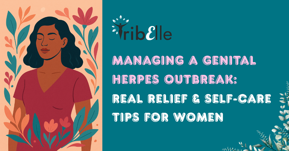 Illustration of a calm woman surrounded by flowers and leaves, symbolising self-care and strength during genital herpes management.